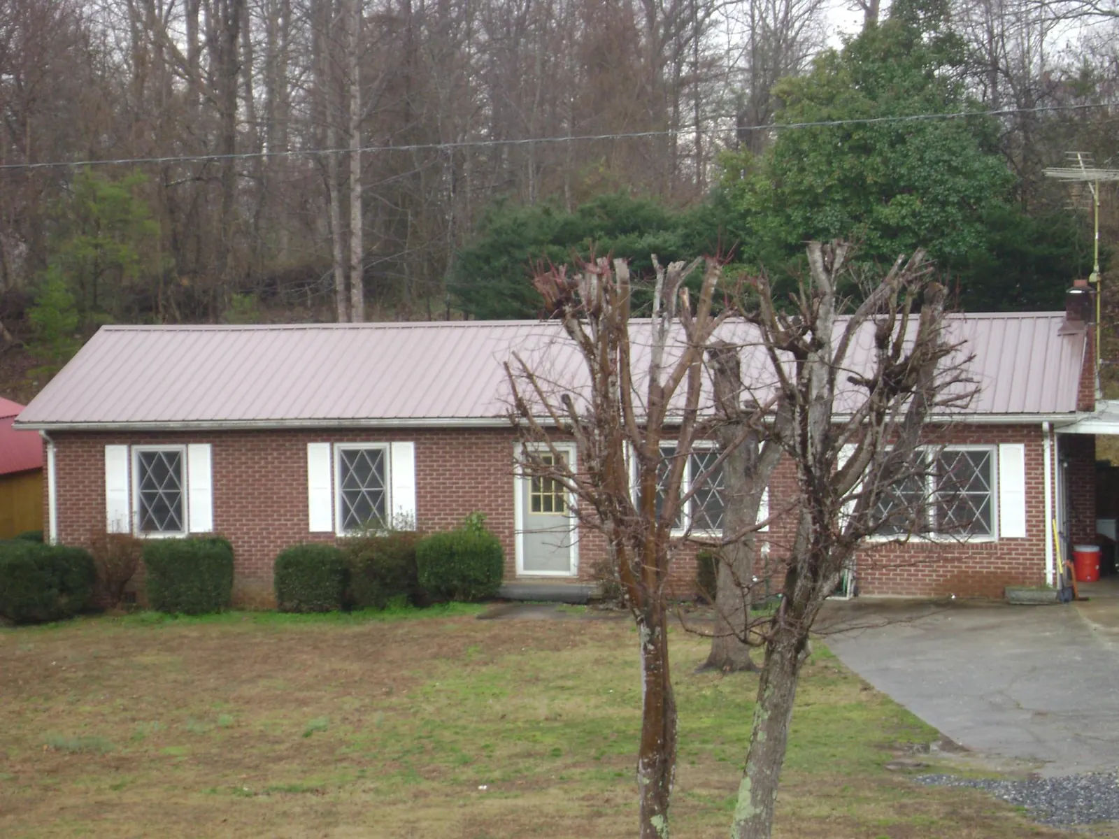 Mauve metal roof on a brick ranch home behind bare trees in Coulter