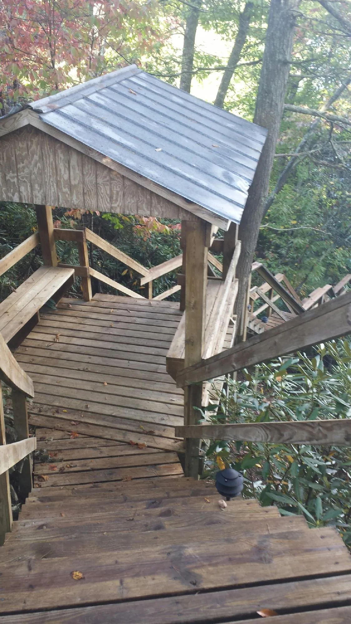 Metal roofed shelter over wooden steps on a wooded walkway — Skylight Repair & Installation work by our crew in Coulter
